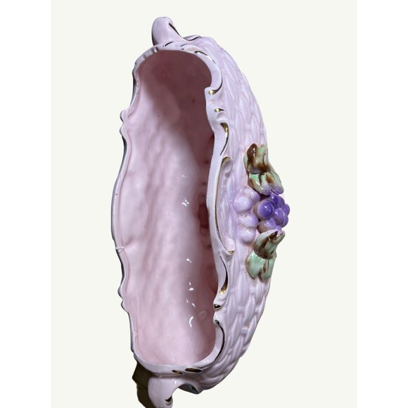 Vintage Pink Weaved Look Ceramic Planter With Grape & Leaf Design - Picture 2 of 13